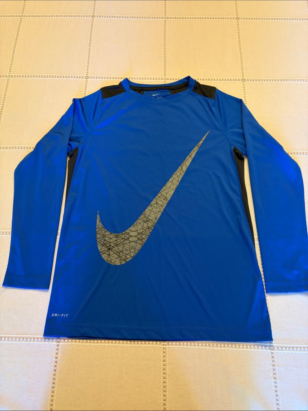 Nike Boys Blue Long Sleeve Dri-FIT Tee with Gray Swoosh
